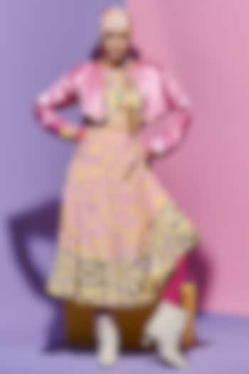 Pink Crepe Printed Broad Belt Skirt by Esha L Amin at Pernia's Pop Up Shop