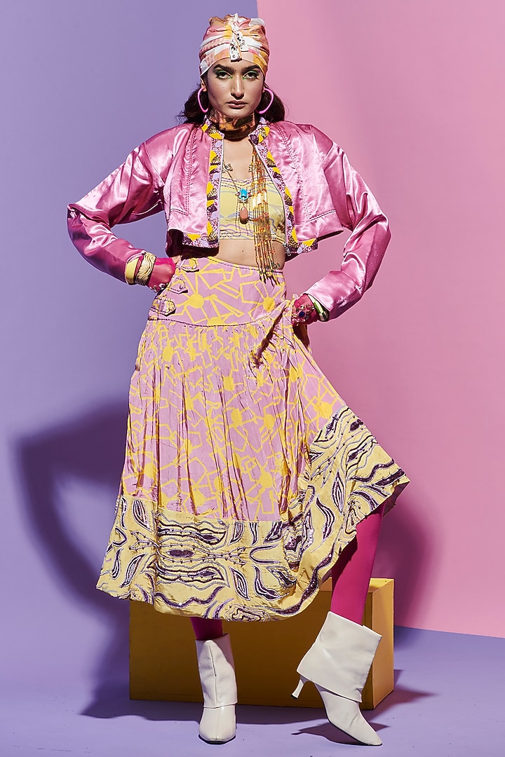 Pink Crepe Printed Broad Belt Skirt by Esha L Amin at Pernia's Pop Up Shop