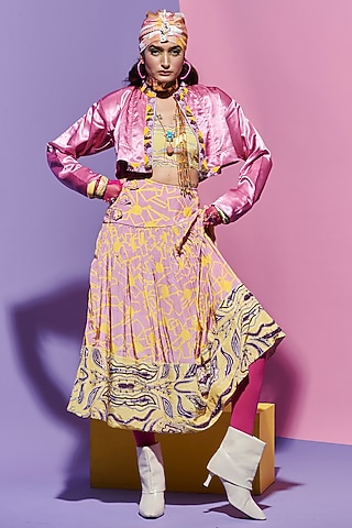 Pink Crepe Printed Broad Belt Skirt by Esha L Amin