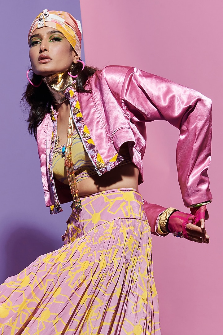 Pink Crepe Printed Broad Belt Skirt by Esha L Amin at Pernia's Pop Up Shop