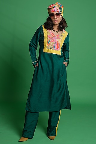 Green Dupion Silk Printed Palazzo Pant by Esha L Amin