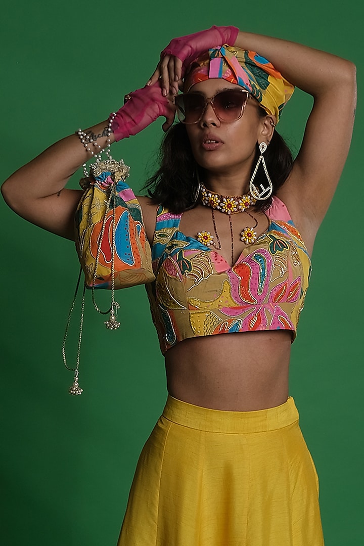 Multi-Colored Silver Crepe Embroidered Blouse by Esha L Amin at Pernia's Pop Up Shop