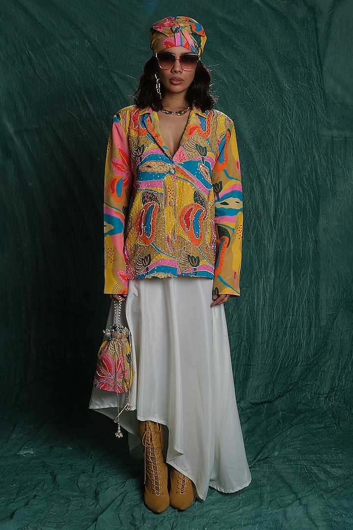 White French Crepe Asymmetrical Cowl Skirt by Esha L Amin at Pernia's Pop Up Shop
