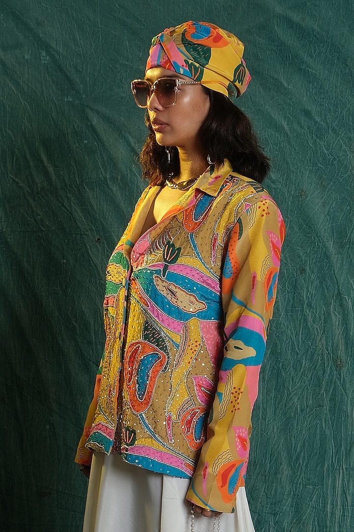 Multi-Colored Silver Crepe Printed Blazer by Esha L Amin at Pernia's Pop Up Shop