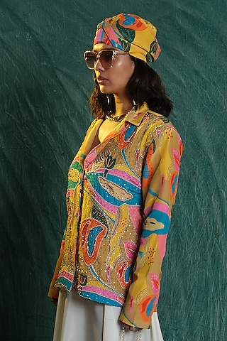 Multi-Colored Silver Crepe Printed Blazer by Esha L Amin