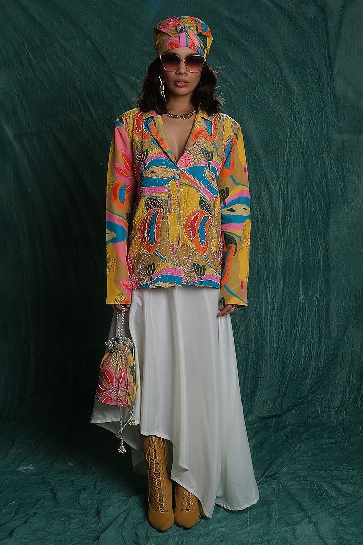 Multi-Colored Silver Crepe Printed Blazer by Esha L Amin at Pernia's Pop Up Shop