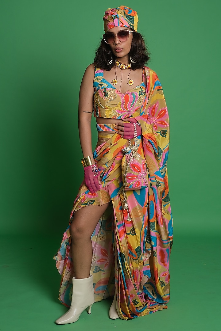 Multi-Colored Silver Crepe Pre-Draped Ruffled Party Wear Saree by Esha L Amin at Pernia's Pop Up Shop