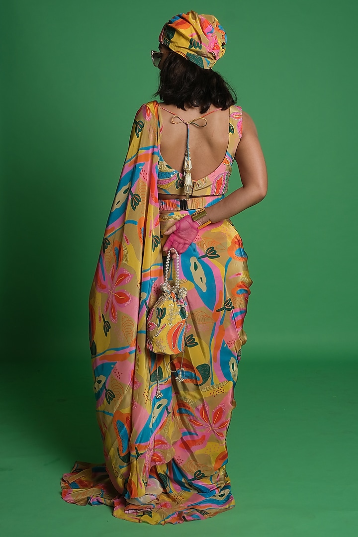 Multi-Colored Silver Crepe Pre-Draped Ruffled Party Wear Saree by Esha L Amin at Pernia's Pop Up Shop