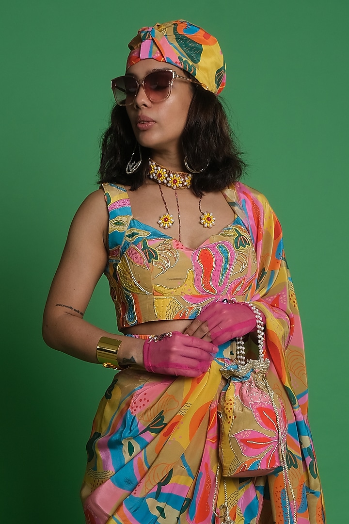 Multi-Colored Silver Crepe Pre-Draped Ruffled Party Wear Saree by Esha L Amin at Pernia's Pop Up Shop