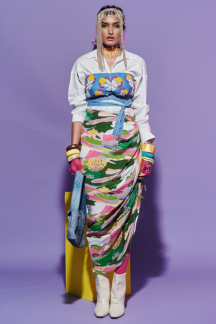 Multi-Colored Georgette Printed Sarong Skirt by Esha L Amin at Pernia's Pop Up Shop
