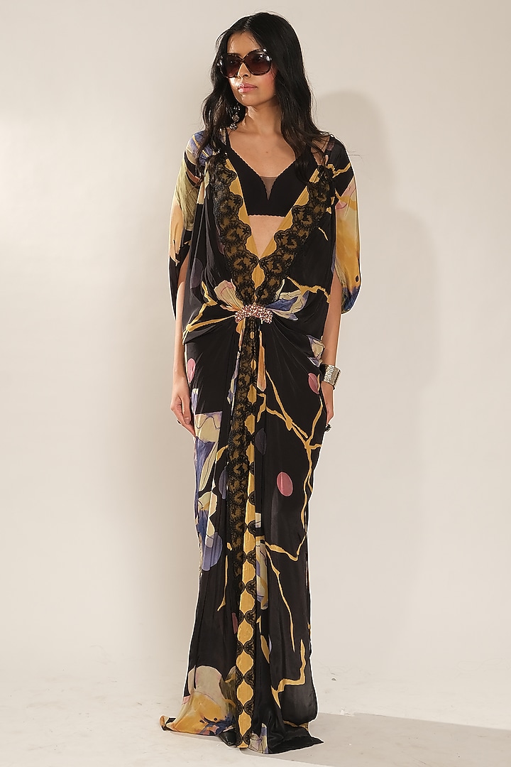 Black Printed Viscose Crepe Kaftan Dress by Esha L Amin at Pernia's Pop Up Shop