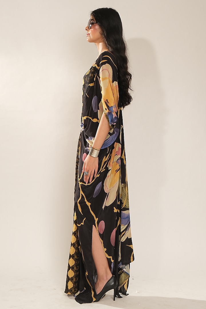 Black Printed Viscose Crepe Kaftan Dress by Esha L Amin at Pernia's Pop Up Shop