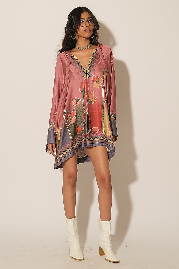 Onion Pink Satin Linen Printed Tunic Dress by Esha L Amin at Pernia's Pop Up Shop