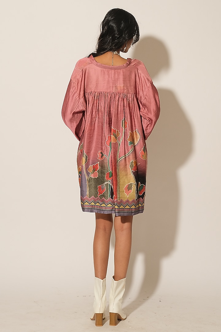 Onion Pink Satin Linen Printed Tunic Dress by Esha L Amin at Pernia's Pop Up Shop