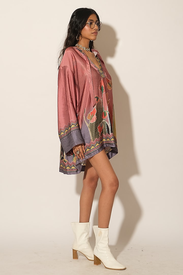 Onion Pink Satin Linen Printed Tunic Dress by Esha L Amin at Pernia's Pop Up Shop