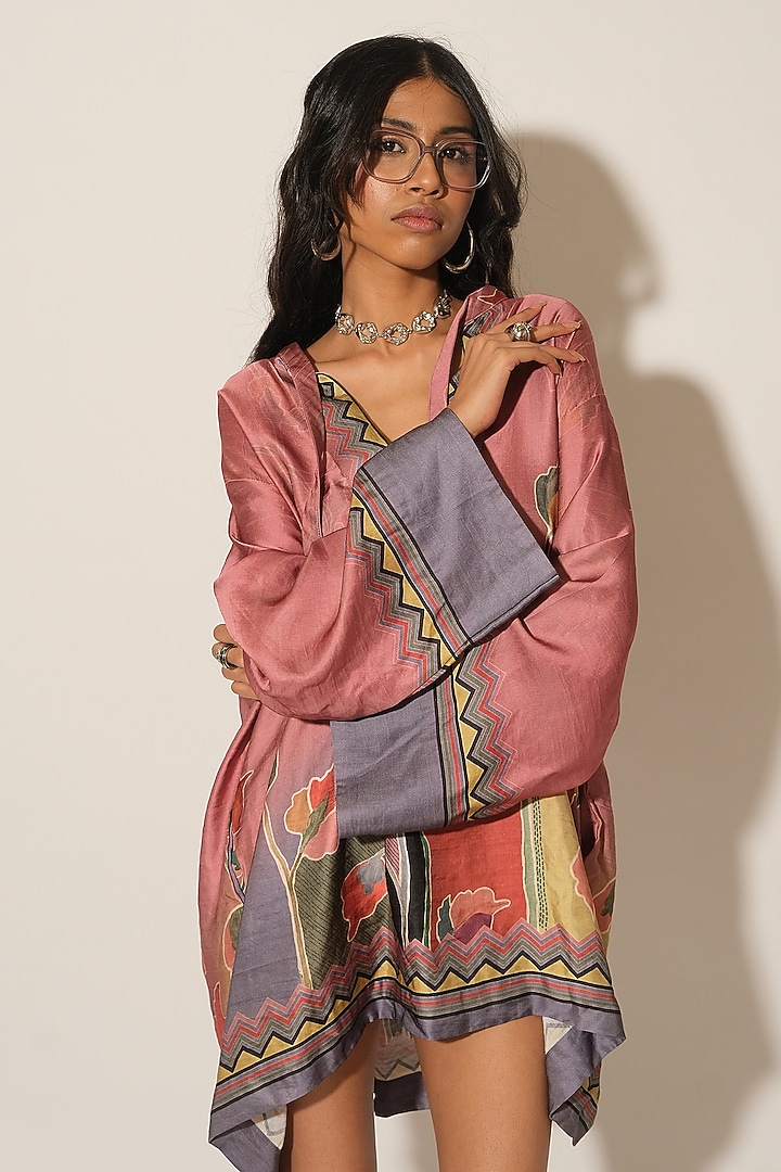 Onion Pink Satin Linen Printed Tunic Dress by Esha L Amin at Pernia's Pop Up Shop