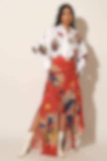 Red Printed Viscose Crepe Asymmetrical Skirt by Esha L Amin at Pernia's Pop Up Shop
