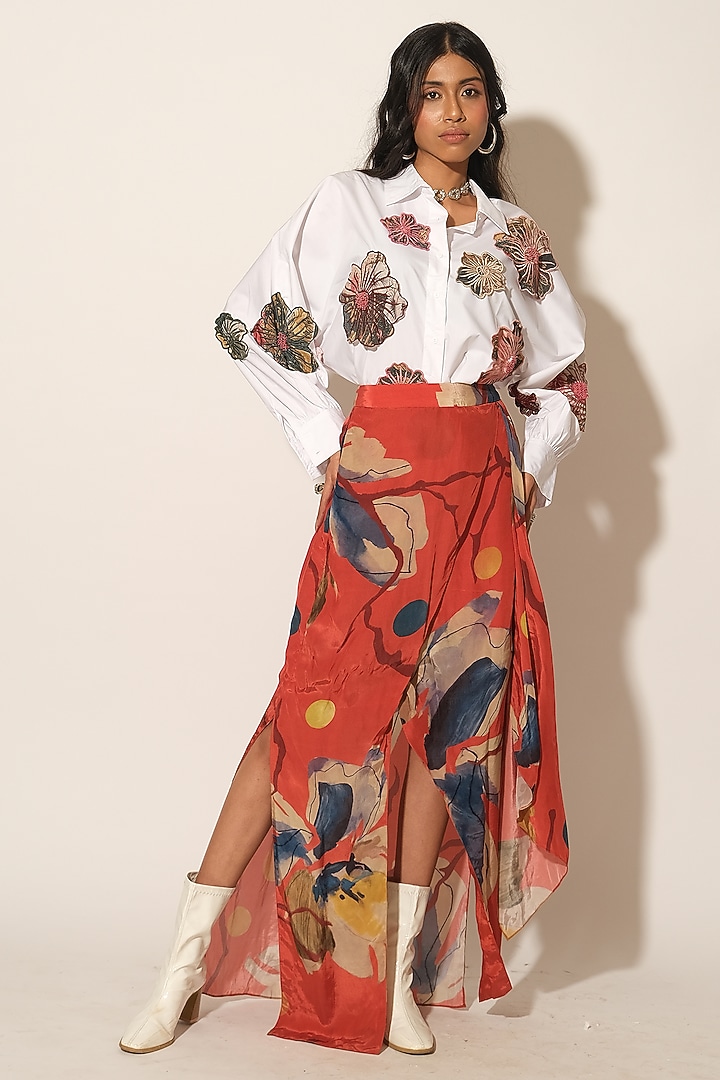 Red Printed Viscose Crepe Asymmetrical Skirt by Esha L Amin at Pernia's Pop Up Shop