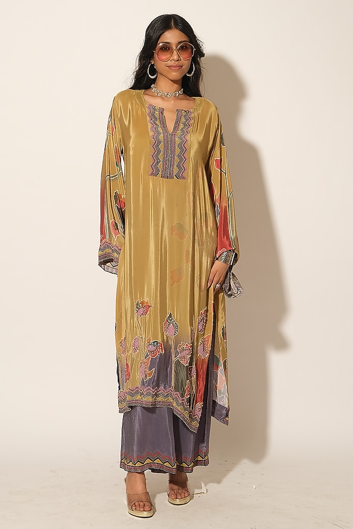 Mustard Printed Viscose Crepe Kurta Set by Esha L Amin at Pernia's Pop Up Shop