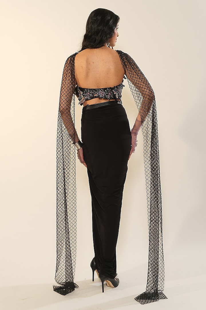Black Embellished Viscose Crepe Bralette with Attached Drape by Esha L Amin at Pernia's Pop Up Shop