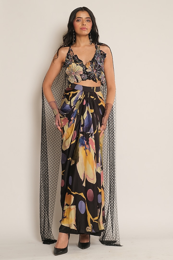 Black Floral Printed Viscose Crepe Sarong by Esha L Amin at Pernia's Pop Up Shop