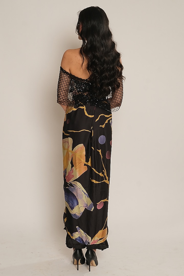 Black Floral Printed Viscose Crepe Sarong by Esha L Amin at Pernia's Pop Up Shop