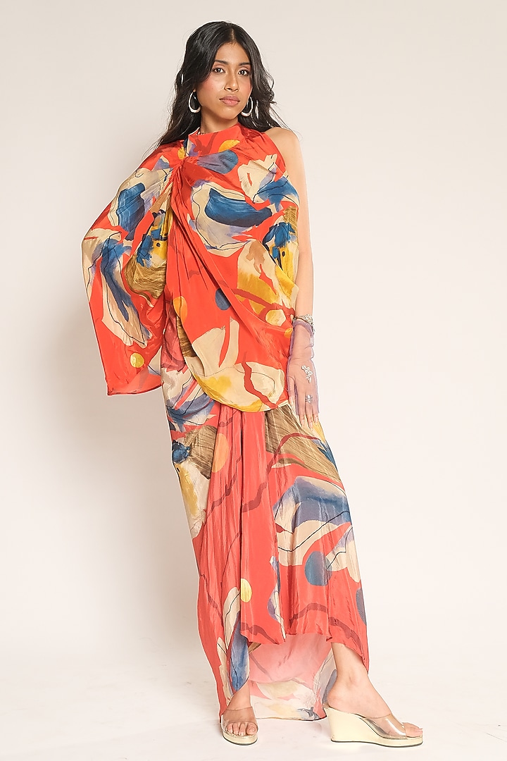 Red Floral Printed Viscose Crepe Sarong Skirt by Esha L Amin at Pernia's Pop Up Shop