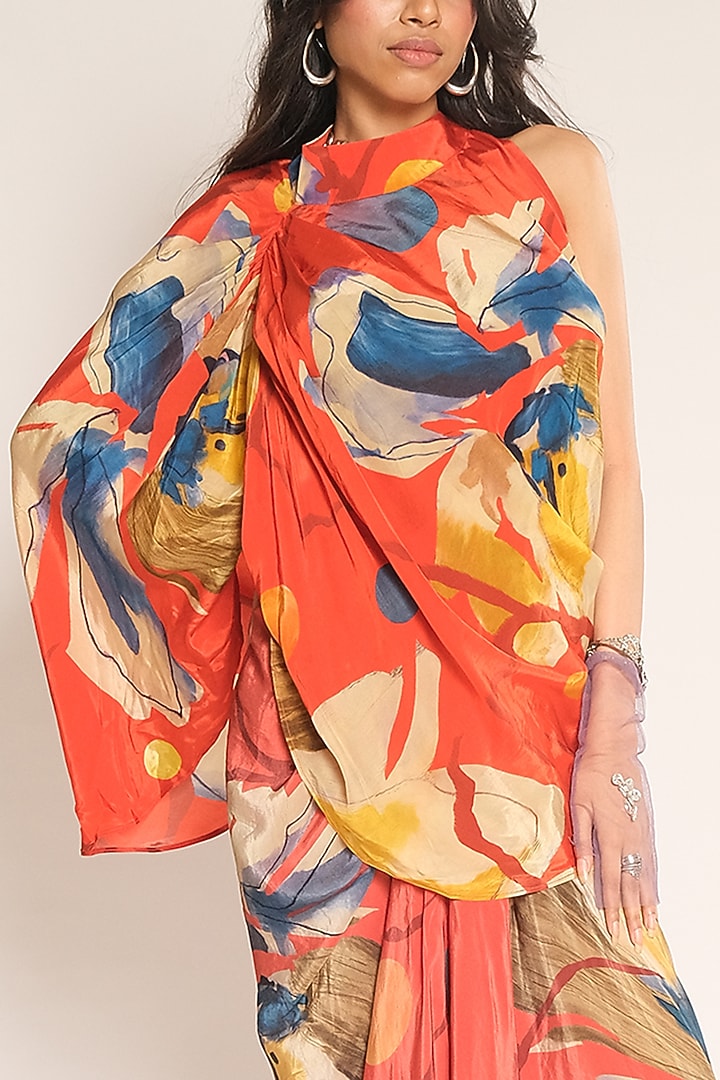 Red Floral Printed Viscose Crepe Sarong Skirt by Esha L Amin at Pernia's Pop Up Shop