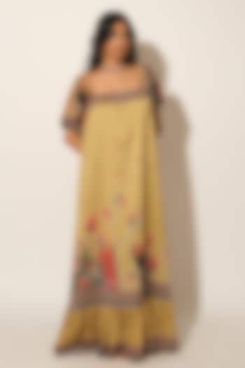 Mustard Floral Printed Muslin Maxi Vacation Dress by Esha L Amin at Pernia's Pop Up Shop