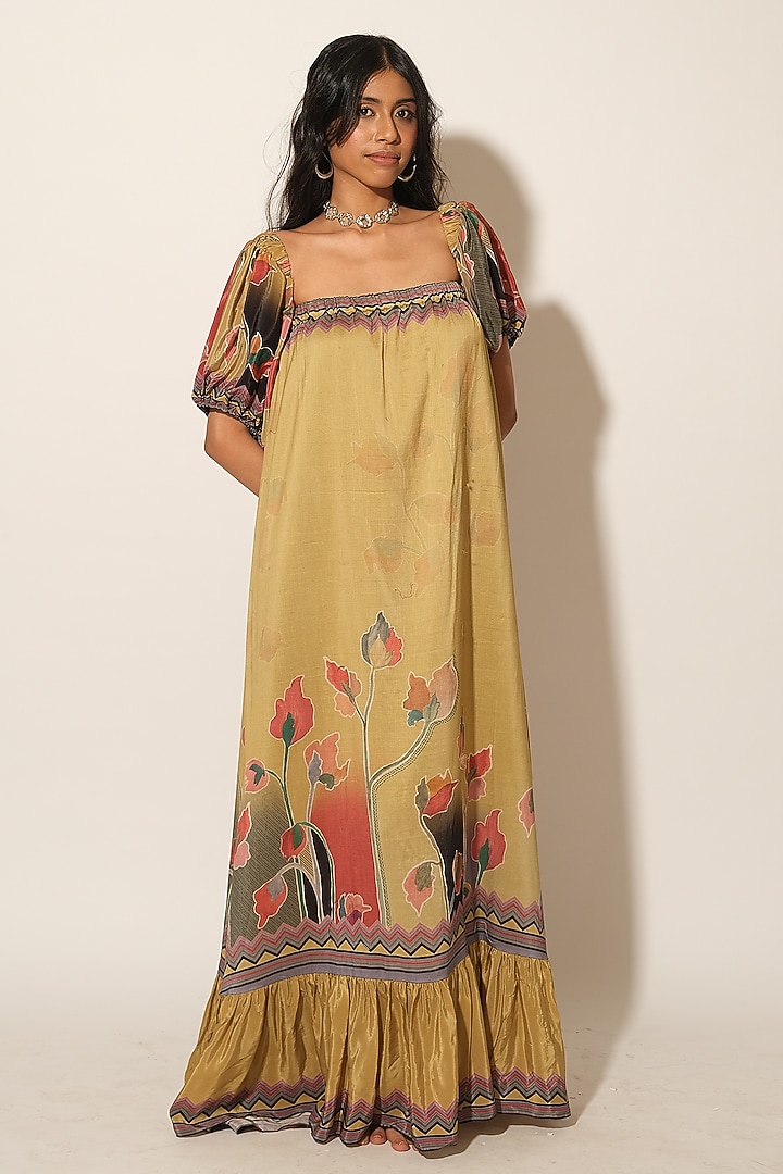 Mustard Floral Printed Muslin Maxi Vacation Dress by Esha L Amin at Pernia's Pop Up Shop