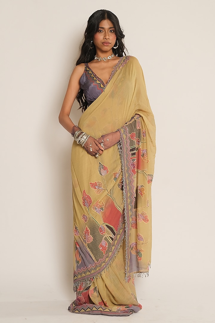 Mustard Floral Printed Chanderi Wedding Saree by Esha L Amin at Pernia's Pop Up Shop