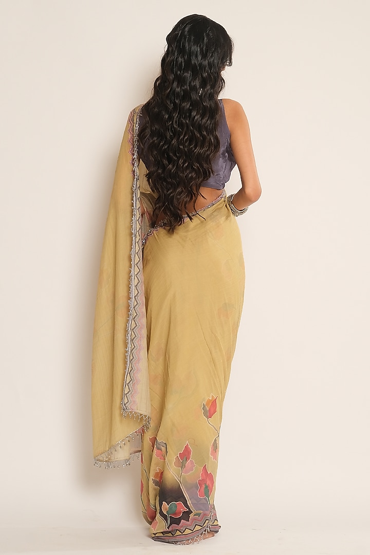 Mustard Floral Printed Chanderi Wedding Saree by Esha L Amin at Pernia's Pop Up Shop