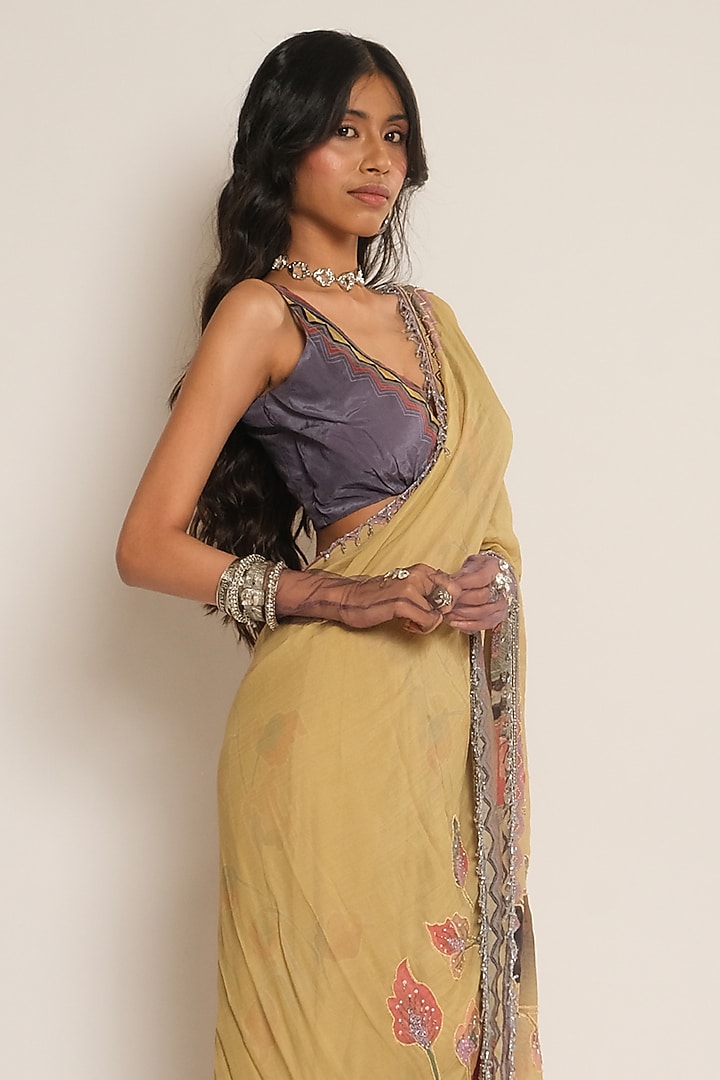 Mustard Floral Printed Chanderi Wedding Saree by Esha L Amin at Pernia's Pop Up Shop