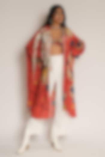Red Floral Print Viscose Crepe Long Shirt by Esha L Amin at Pernia's Pop Up Shop