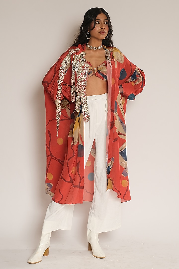 Red Floral Print Viscose Crepe Long Shirt by Esha L Amin at Pernia's Pop Up Shop
