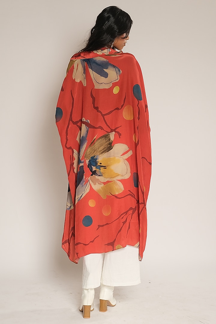 Red Floral Print Viscose Crepe Long Shirt by Esha L Amin at Pernia's Pop Up Shop