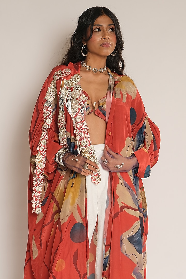 Red Floral Print Viscose Crepe Long Shirt by Esha L Amin at Pernia's Pop Up Shop