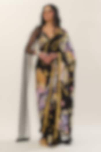 Black Floral Printed Pre-Draped Satin Georgette Wedding Saree by Esha L Amin at Pernia's Pop Up Shop