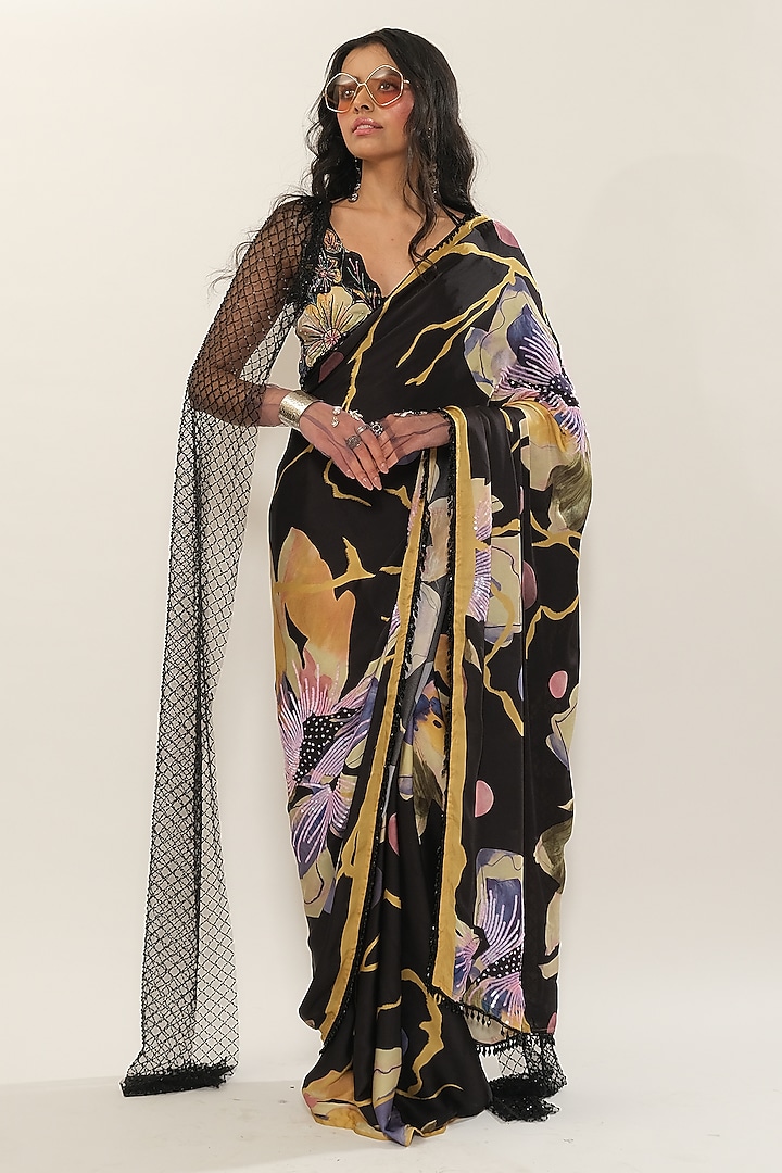 Black Floral Printed Pre-Draped Satin Georgette Wedding Saree by Esha L Amin at Pernia's Pop Up Shop