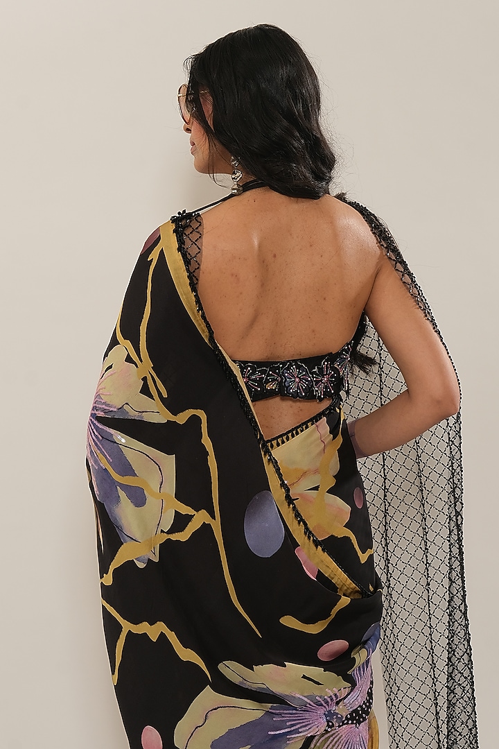 Black Floral Printed Pre-Draped Satin Georgette Wedding Saree by Esha L Amin at Pernia's Pop Up Shop