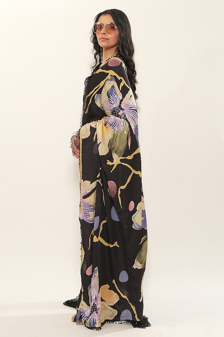 Black Floral Printed Pre-Draped Satin Georgette Wedding Saree by Esha L Amin at Pernia's Pop Up Shop