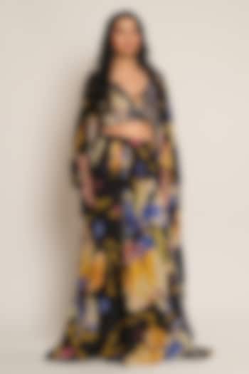 Black Viscose Crepe Floral Printed Cape by Esha L Amin at Pernia's Pop Up Shop