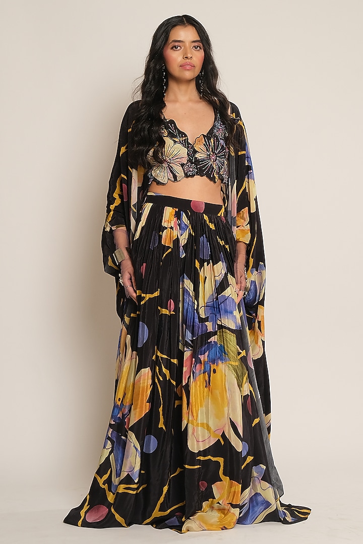 Black Viscose Crepe Floral Printed Cape by Esha L Amin at Pernia's Pop Up Shop