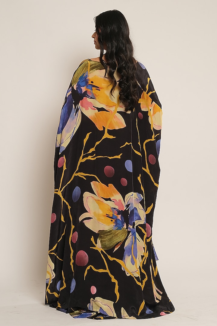 Black Viscose Crepe Floral Printed Cape by Esha L Amin at Pernia's Pop Up Shop