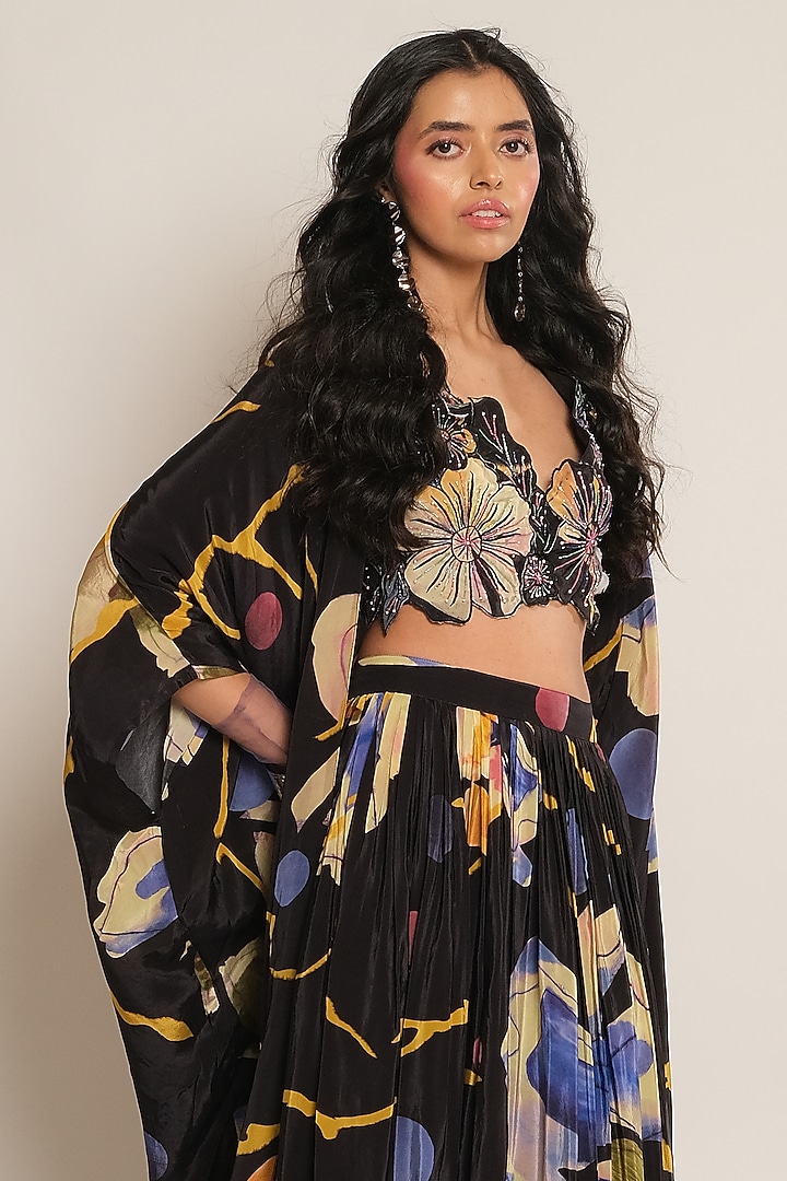 Black Viscose Crepe Floral Printed Cape by Esha L Amin at Pernia's Pop Up Shop