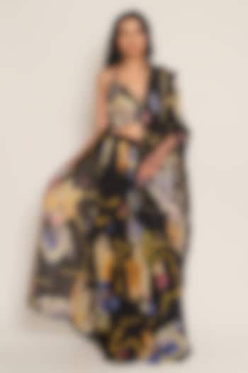 Black Floral Printed Viscose Crepe Wedding Lehenga by Esha L Amin at Pernia's Pop Up Shop