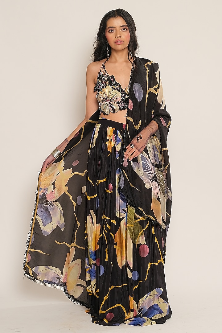 Black Floral Printed Viscose Crepe Wedding Lehenga by Esha L Amin at Pernia's Pop Up Shop