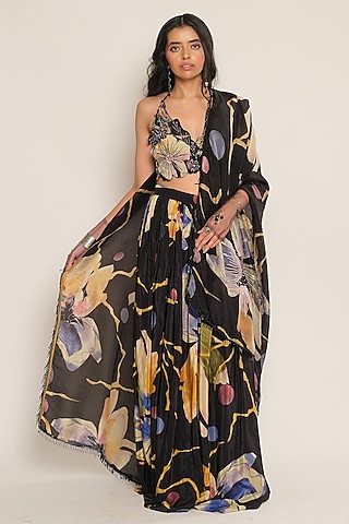 Black Floral Printed Viscose Crepe Lehenga by Esha L Amin
