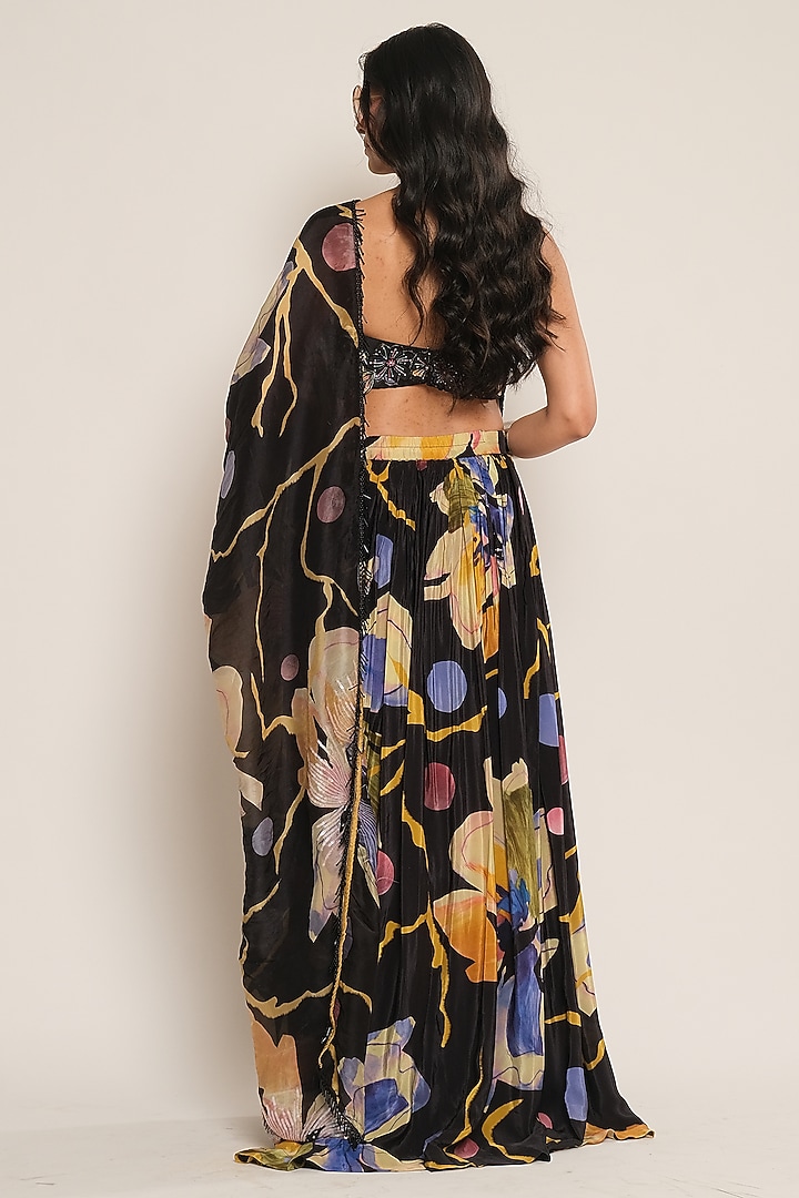Black Floral Printed Viscose Crepe Wedding Lehenga by Esha L Amin at Pernia's Pop Up Shop