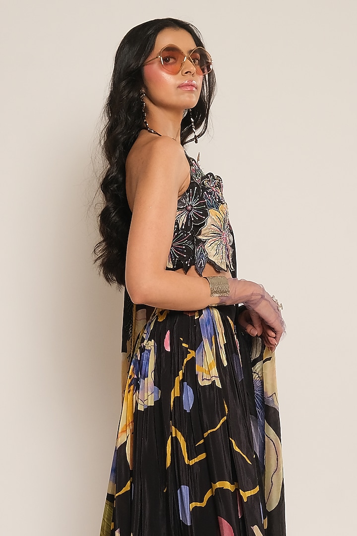 Black Floral Printed Viscose Crepe Wedding Lehenga by Esha L Amin at Pernia's Pop Up Shop